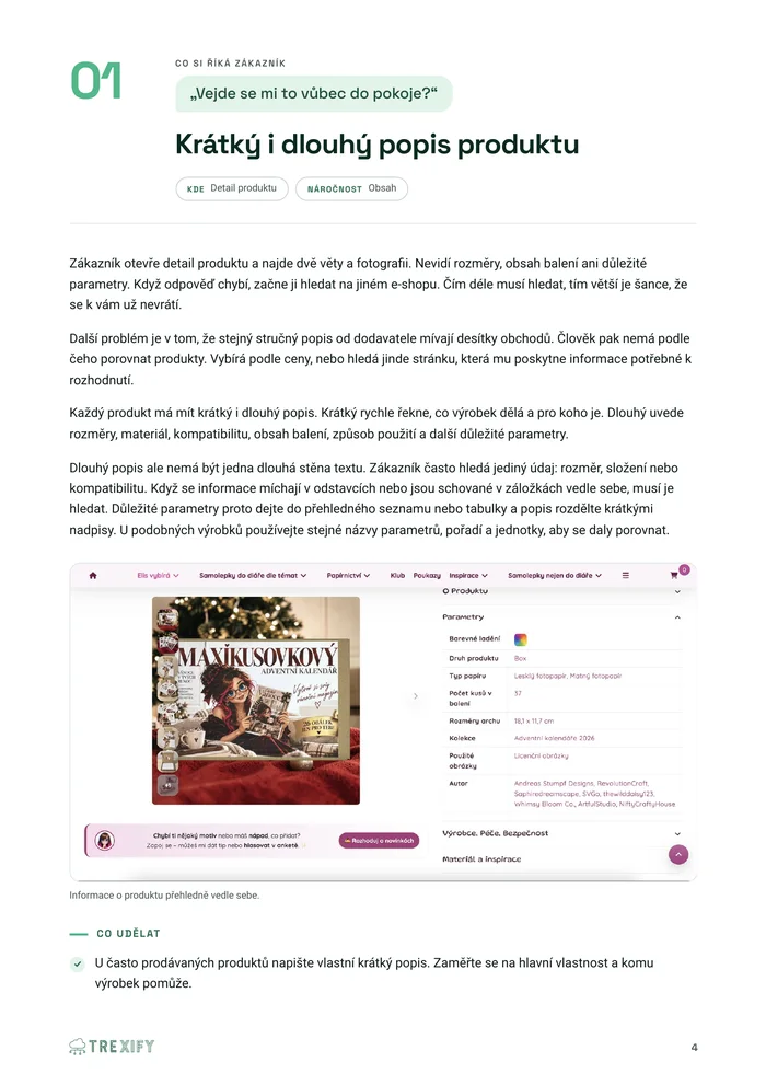 Ukázka stránky e‑booku: krátký i dlouhý popis produktu