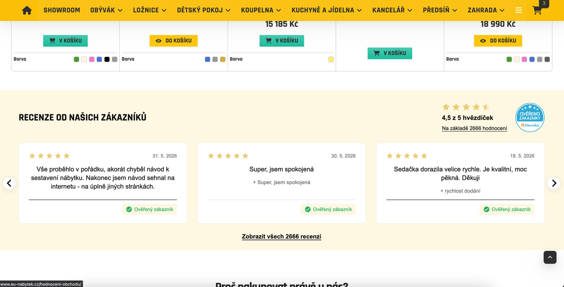 Recenze na homepage, v kategorii i detailu produktu - heuréka i manuální