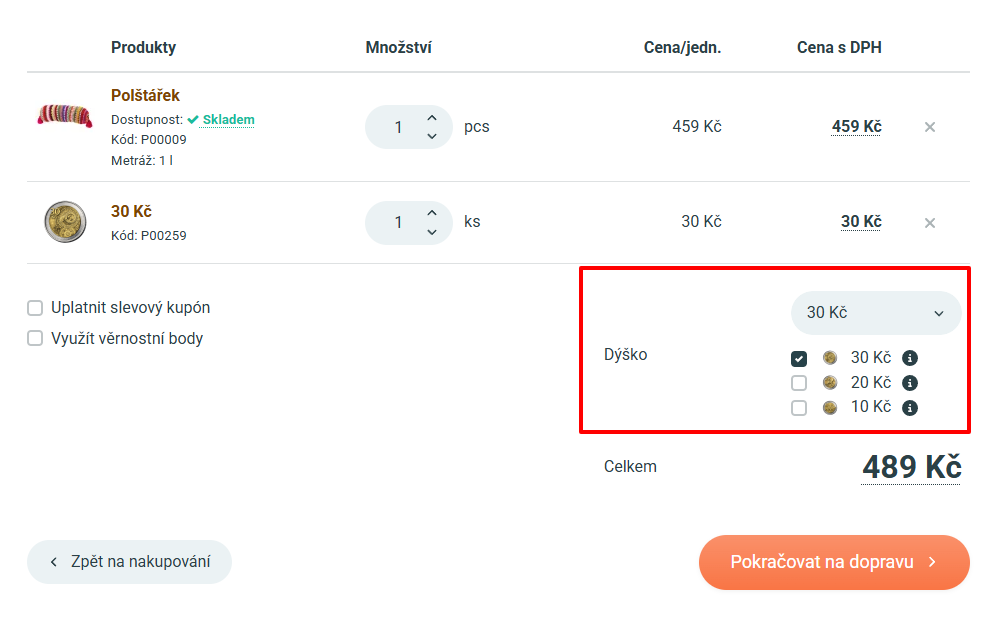 Sekce pro dýška, pojištění a doplňkové poplatky v košíku (Upgates v35)