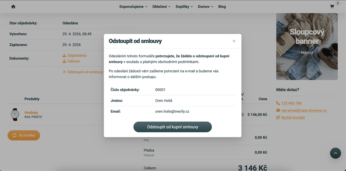 Odstoupení od smlouvy přímo v e-shopu (zpětná implementace)
